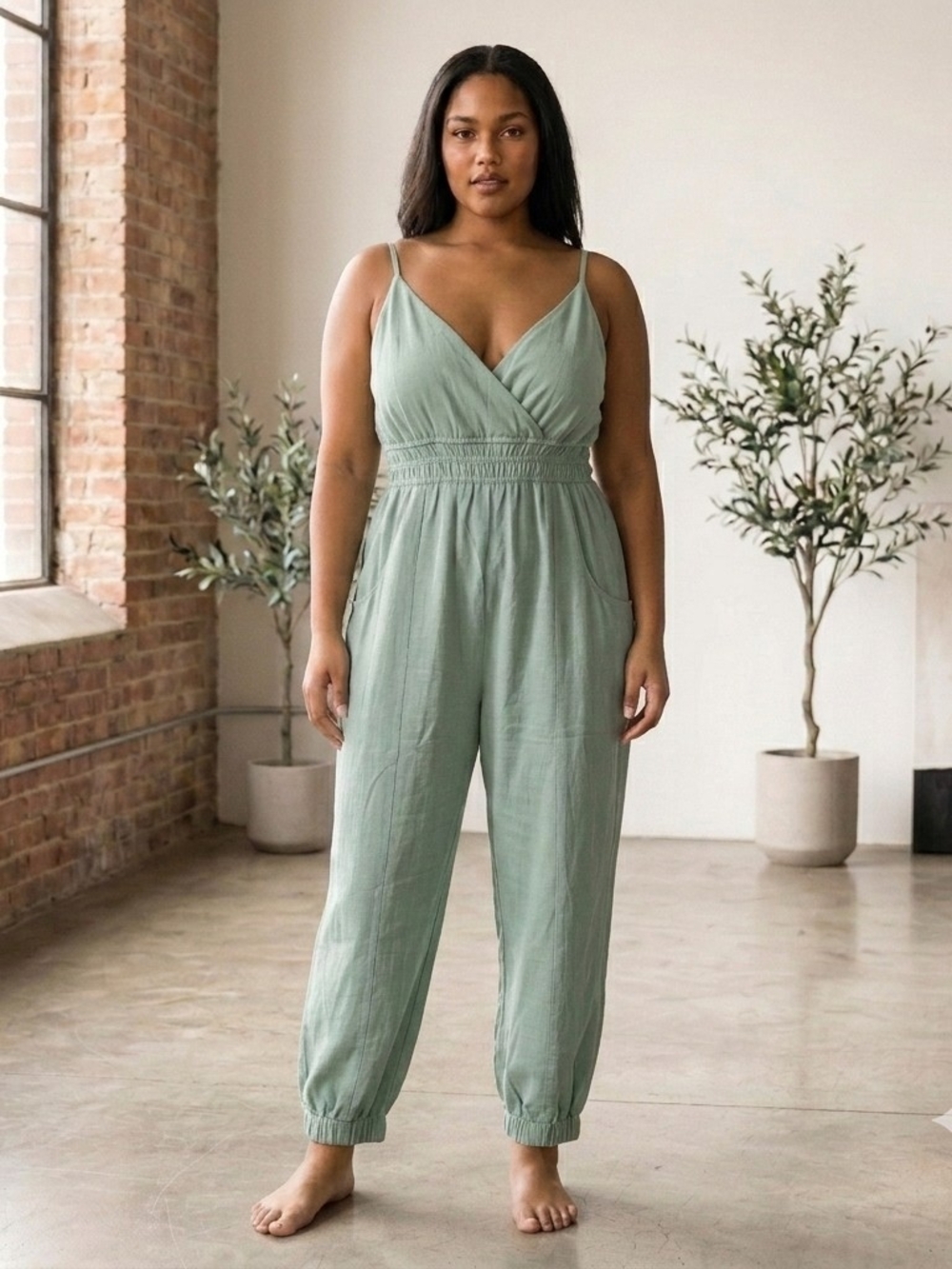 Cupshe Sage Green Smocked-Waist V-Neck Jumpsuit